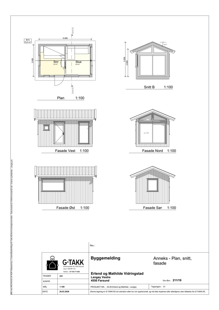 En tegning som viser fasadetegninger (Fasade Vest, Nord, Øst, Sør) og et snitt (Snitt B) av en bygning.