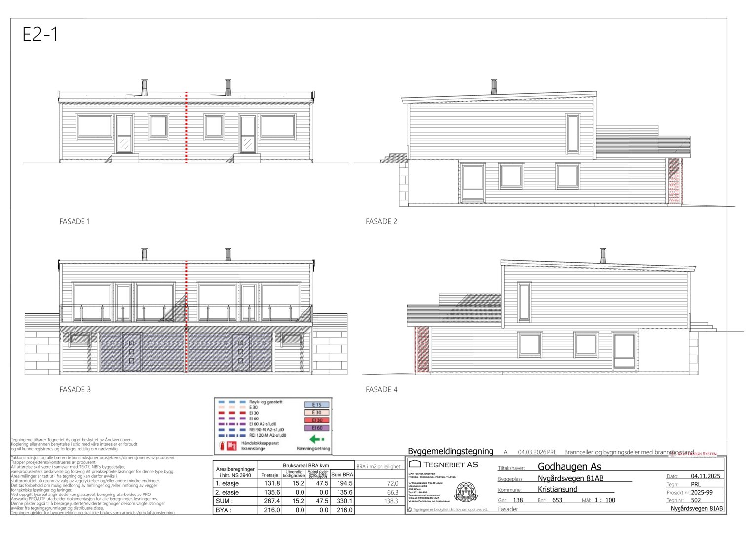 Fasadetegning som viser bygningens utsyn fra fire sider (Fasade 1, 2, 3 og 4) med mål og detaljer.