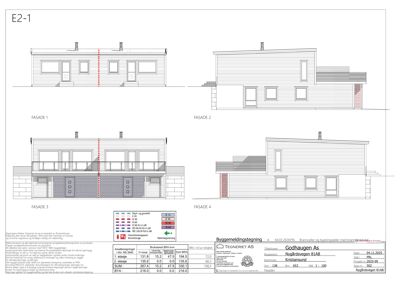 Fasadetegning som viser bygningens utsyn fra fire sider (Fasade 1, 2, 3 og 4) med mål og detaljer.