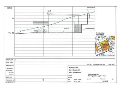Snittegning (profil) som viser terrengforhold, høyder, sikringsgjerd og tilbaketrykkning langs en vei.
