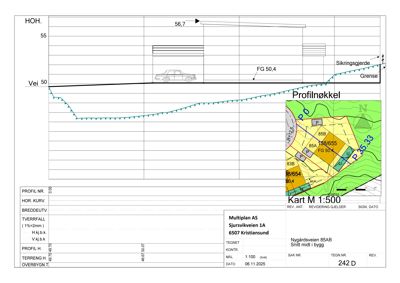 Situasjonsplan (Kart M 1:500) som viser tomtens beliggenhet, grenser, nabotomter og infrastruktur.