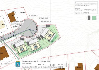 Situasjonsplan som viser tomtens grenser, nabotomter, bygningers plassering, veier og terrengforhold.