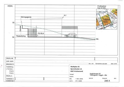 Snittegning (profil) som viser terrengforhold, høyder, sikringsgjerdet og tilbakefylling.