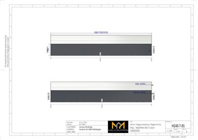 Fasadetegning som viser oppriss av en bygning sett fra siden, med angivelse av farger og mål.