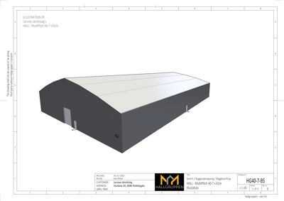 3D-visualisering (rendering) av en hallbygning (Larsnes Idrottslag) sett fra en vinkel.