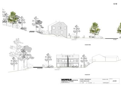 Fasadetegning som viser bygningens utseende sett fra nord og øst, inkludert terrengforhold og trær.