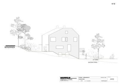 Fasadetegning av en bolig sett fra nord, som viser bygningens utseende, terrengforhold og trapper.