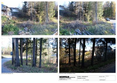 En samling av fire fotografier som viser eksisterende tilstand på en tomt med skog og nabohus.