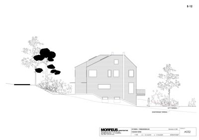 Fasadetegning av en bolig sett fra nord, som viser bygningens utseende og terrengforhold.