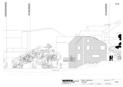 Fasadetegning av en bolig sett fra siden, med visuell fremstilling av tak, vegger, vinduer og omgivelsene.