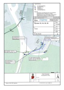 Situasjonsplan som viser vannledningsnett, spillvannsledning og tomt for eiendommen Nyveien 52, 54, 56, 58.