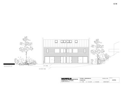 Fasadetegning som viser bygningens utseende sett fra siden (vest), inkludert vinduer, dører og terrengforhold.