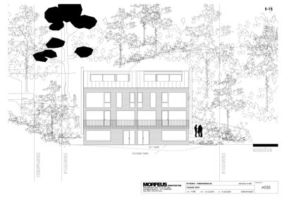 Fasadetegning av en bygning sett fra vest, med omgivelsene tegnet inn.
