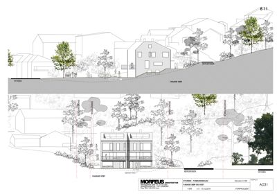 Situasjonsplan som viser bygningens plassering i forhold til nabolag, terrengform (høydekurver) og veggrenser.