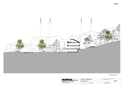 Snittegning som viser bygningens tverrsnitt i forhold til terrenget og nabolaget.