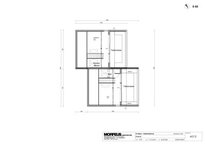 Etasjeplan (PLANS 01) som viser romfordeling, stueplan og mål for en bolig.