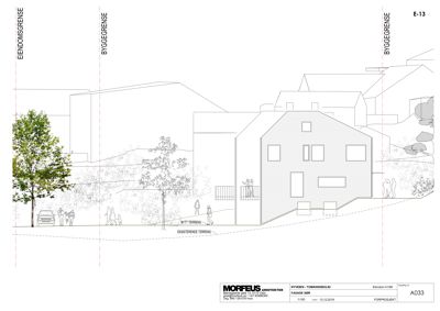 Fasadetegning som viser bygningens utseende sett fra en bestemt vinkel, inkludert terrengforhold og nabobygninger.