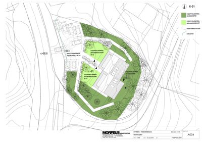 Situasjonsplan som viser tomtens form, høydemålinger (noteringer), beplantning og utnyttelsesarealer.