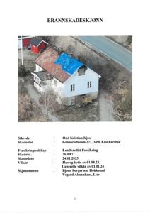 Fotografi av en skadet hytte sett fra lufta, med tilhørende brannskadeskjønnning.