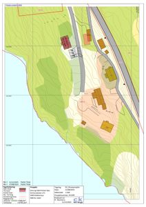 Situasjonsplan som viser tomtens beliggenhet i forhold til vei og nabolag, med høydeforhold og arealangivelser.