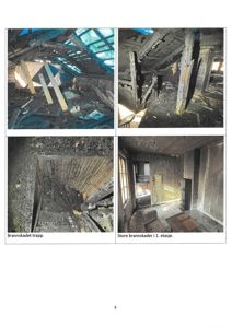 Fotografier av brannskader i en bygning, inkludert etasjer og trapper.