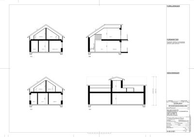 Snittegning (A-A, B-B, C-C, D-D) som viser tverrsnittet av en bygning med takform og romfordeling.