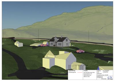 3D-visualisering av et hus og omgivelsene sett fra et visshøyde.