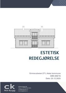 En tegning som viser fasaden (framsiden) av et hus.