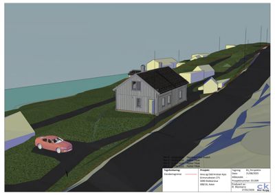 3D-visualisering av et hus på en skråning med omgivende terreng og en bil.
