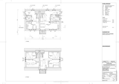 Etasjeplaner (1. og 2. etasje) med romfordeling, dimensjoner og innvendig oppriss.