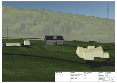 3D-visualisering av en hytte og tilhørende bygninger på en tomt med bakgrunn av fjell.