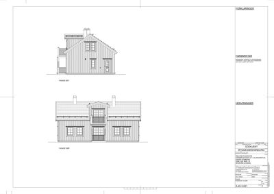 Fasadetegning som viser fronten av en bygning sett fra to ulike vinkler (FASADE SØR og FASADE ØST).
