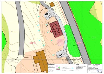 Situasjonsplan som viser tomtens form, høydeforhold (konturlinjer), eksisterende og planlagt bebyggelse, samt veggrenser.