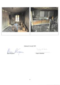 To fotografier av et brennt rom, sannsynligvis fra en byggesak eller skadesrapport.