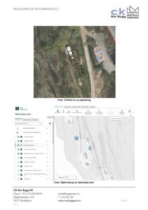 Bildet viser en situasjonsplan med et ortofoto (flyfoto) av tomten øverst, og en digital kartvisning (Naturbase) nederst som viser nabolag og naturmangfold-områder.