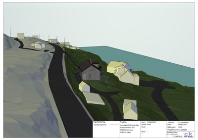3D-visualisering av et hytteområde med flere hus plassert på et skrått terrein ved kysten.