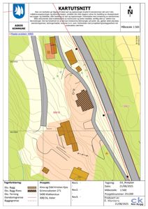 Situasjonsplan (kartutsnitt) som viser eiendomsgrenser, terrengforhold og bygningers plassering i forhold til hverandre.