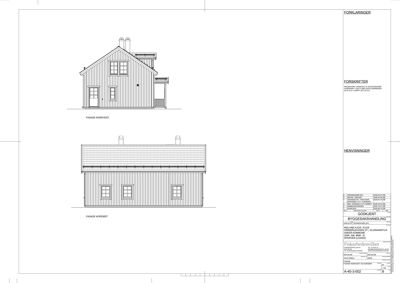 Tegning som viser fasader (framside og side) av en bygning sett fra utsiden.
