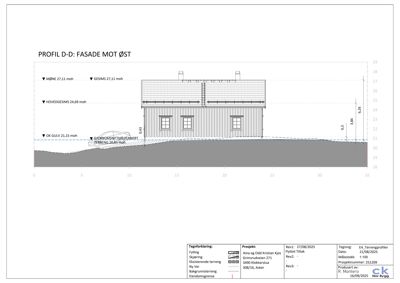 Snittegning som viser terrengprofil og fasade mot øst med høydemålinger.