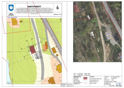 Situasjonsplan som viser tomtens beliggenhet, høydemålinger, naboeiendommer og bygningens plassering i forhold til veier og natur.