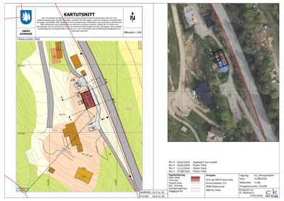 Situasjonsplan med topografi, byggegrenser og eksisterende bygg
