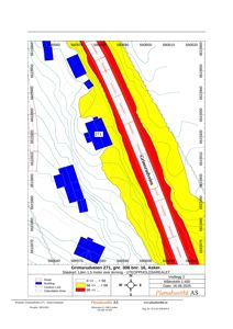 Situasjonsplan som viser bebyggelse, vegnett (Grimsrudveien) og terrengforhold (konturlinjer) for et område i Asker.