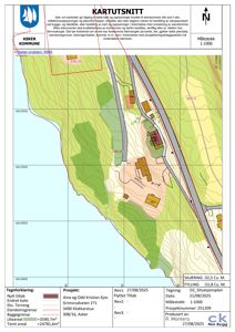 Situasjonsplan (kalt 'Kartutsnitt') som viser eiendomsgrenser, terrengform, bygninger og infrastruktur i et område.