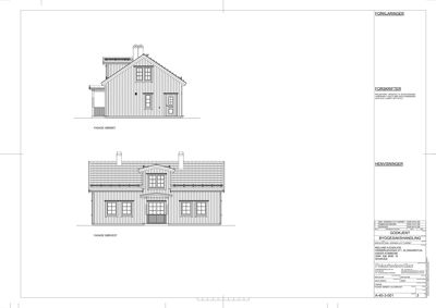 Tegning som viser fasadeoppsett for en bygning sett fra sørøst og sørvest.