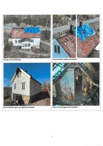 Et dokument med fire fotografier som viser brannskader på en bygning, inkludert et drone-oversiktsbilde og nærbilder av takkonstruksjon, gavl og innvendige skader.