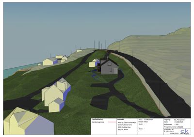 3D-visualisering (perspektivtegning) av et hytteprosjekt på en skråning med omgivende terreng.