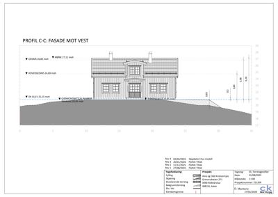 Snittegning (profil) som viser fasade mot vest med høydemål og terrengforhold.