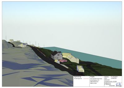 3D-visualisering (perspektivtegning) av et hus og omgivelsene på en skråning.