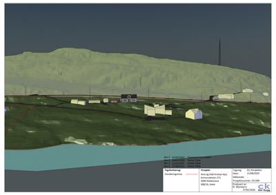 3D-visualisering av et byggeprosjekt med omgivelsene, inkludert terrengmodell og vannmasse.