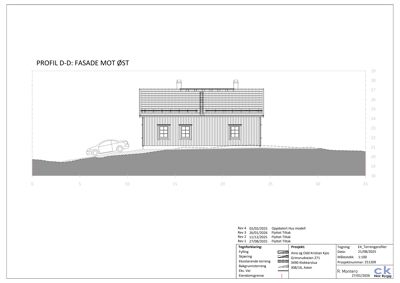 En snittegning (profil) som viser fasaden mot øst, terrengforhold og bygningens høydeprofil.